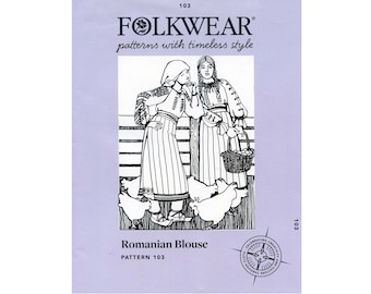 May include: A black and white illustration of two women wearing traditional Romanian blouses. The women are standing next to a fence with chickens in the foreground. The text "Romanian Blouse" and "PATTERN 103" is printed below the illustration.