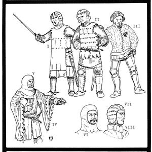 May include: Black and white illustration of medieval military garments. The image features various armor designs, including chainmail and plate armor, with accompanying text. The text reads "Period Patterns no 102" and "MORE MEDIEVAL MILITARY GARMENTS SIZES S M L XL".