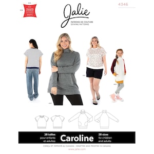May include: A sewing pattern for a mock neck shirt with long sleeves. The pattern is called "Caroline" and includes 28 sizes for children and adults. The pattern is designed and printed in Canada.
