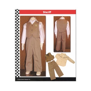 May include: A brown and white sheriff costume for a child. The costume includes a white shirt, brown pants, a brown vest with a gold star, and a brown hat. The text "Sheriff" is printed in red at the top of the image.