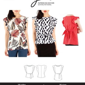 May include: Sewing pattern for a top with flutter sleeves, featuring three different fabric designs: a white background with brown and red leaves, a black and white abstract pattern, and a red dotted fabric. The pattern is called "Adèle" and includes 28 sizes for girls and women.