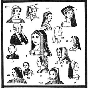 May include: A black and white illustration of 16 different Tudor-era headdresses, labeled with Roman numerals I through XVI. The illustration is from a publication called "Mediaeval Miscellanea" and is dated 1986. The text "TUDOR-ERA HEADDRESSES, C. 1490-1580" is at the bottom of the image.