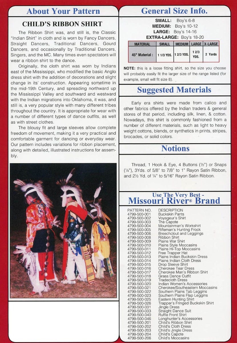 Child s Native American Indian Ribbon Shirt Boy s sizes S XL Missouri River Sewing Pattern 201