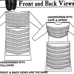 May include: Line drawing illustration of two different styles of underdresses. The first style is a pullover with a fringe trim. The second style is a cape and apron with a fringe trim. The text "Front and Back Views" is at the top of the image. The text "UNDERDRESS WITH PULLOVER" is below the first style. The text "UNDERDRESS WITH CAPE & APRON" is above the second style. The text "FRONT & BACK VIEWS ARE THE SAME" is at the bottom of the image.