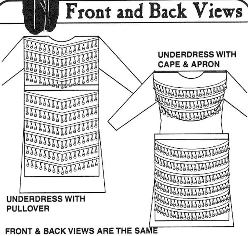 May include: Line drawing illustration of two different styles of underdresses. The first style is a pullover with a fringe trim. The second style is a cape and apron with a fringe trim. The text "Front and Back Views" is at the top of the image. The text "UNDERDRESS WITH PULLOVER" is below the first style. The text "UNDERDRESS WITH CAPE & APRON" is above the second style. The text "FRONT & BACK VIEWS ARE THE SAME" is at the bottom of the image.