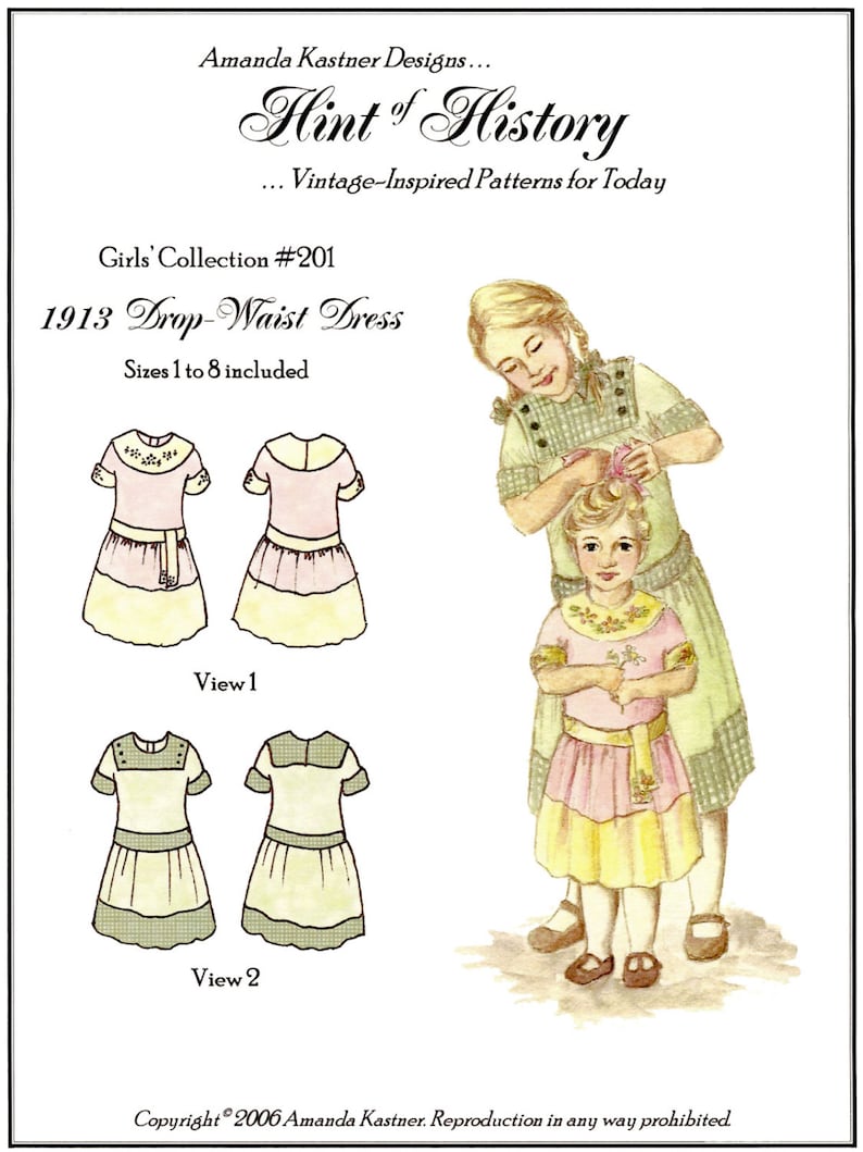 Victorian Kids Costumes & Shoes- Girls, Boys, Baby, Toddler     Girls 1913 era Drop-Waist Dress sizes 1-8 Hint of History Sewing Pattern # 201 $11.95 AT vintagedancer.com