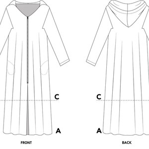 May include: Line drawing of a long, hooded robe with long sleeves and a front zipper. The robe has two pockets and a V-neck. The back view shows the hood and the long, flowing design of the robe.