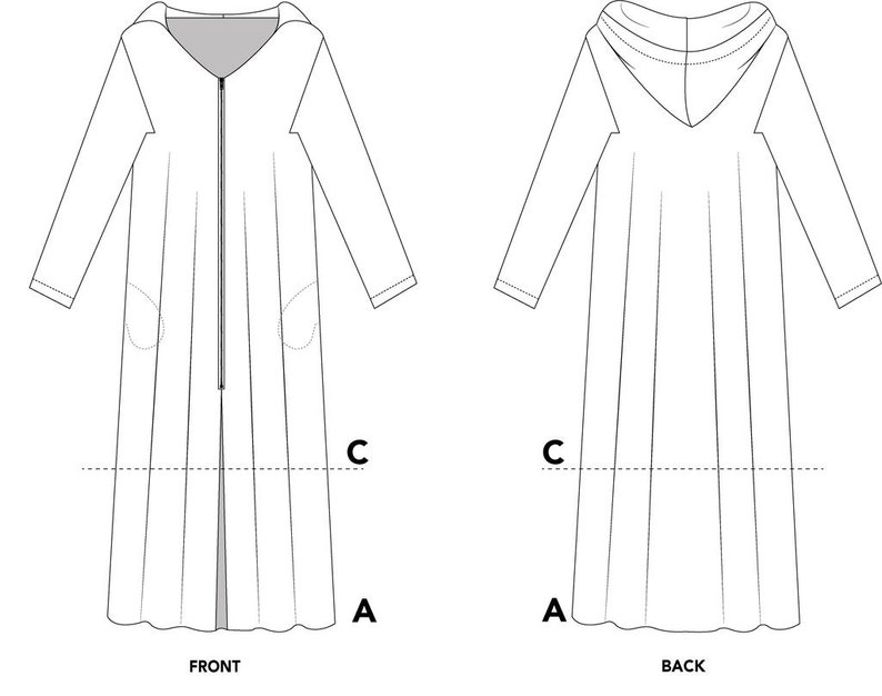 May include: Line drawing of a long, hooded robe with long sleeves and a front zipper. The robe has two pockets and a V-neck. The back view shows the hood and the long, flowing design of the robe.