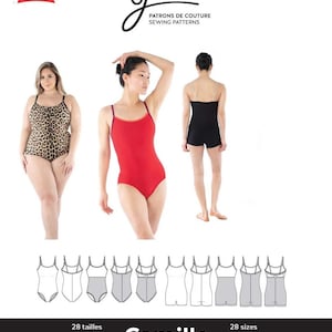 May include: Jalie 4021 sewing pattern for a leotard called Camille. The pattern includes 28 sizes for girls and women. The pattern is drafted in Canada. The image shows a red leotard, a black leotard, and a line drawing of the leotard.