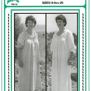 May include: A pattern for a woman's chemise, with the text "Woman's Chemise Pattern" and "Sizes: 8 thru 20". The image shows two women wearing chemises. One chemise is white, and the other is patterned with small flowers.