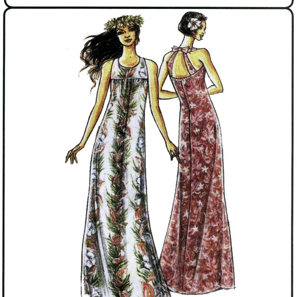 Easy, Elegant Hawaiian Long Dress sizes 4-18 - Victoria Jones Collection Sewing Pattern # 309 Maxi Dress, Resort wear