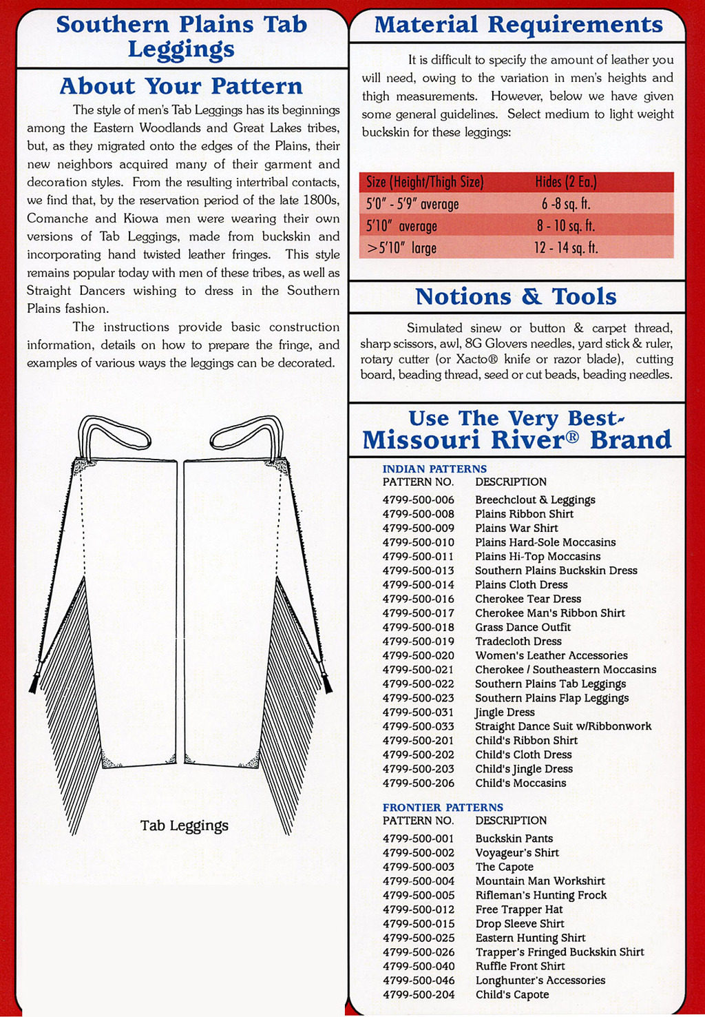 Missouri River Men's Southern Plains Tab Leggings Sewing Pattern # 022 ...