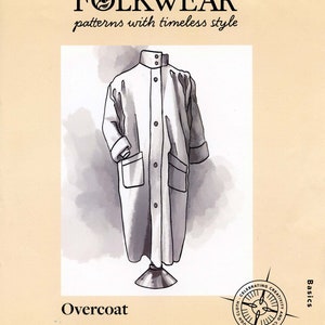 May include: Illustration of an overcoat from the Folkwear Basics Collection. The coat is light-colored, with a high collar, button closures, and two front pockets. The image includes the Folkwear logo and text: "patterns with timeless style."