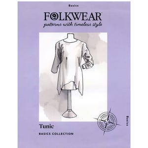 May include: A lavender-colored pattern envelope with the text "FOLKWEAR patterns with timeless style" and a line drawing of a tunic. The word "Tunic" is printed at the bottom, with "BASICS COLLECTION" below it.