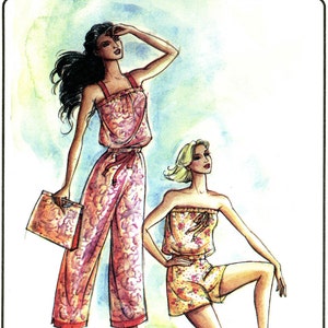 May include: A fashion illustration of two women wearing matching floral print outfits. The woman on the left is wearing a wide-legged jumpsuit with a red sash. The woman on the right is wearing a strapless top and shorts. The illustration is set against a watercolor background. The text "Victoria Jones Collection" and "312 MISSES XS-3X" is printed at the top of the illustration.