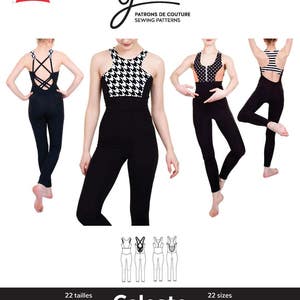 May include: Jalie sewing pattern 3672, Celeste, for girls and women, includes 22 sizes, black and white houndstooth print, black and white striped, and black and orange polka dot jumpsuit designs.  The pattern is drafted and printed in Canada.