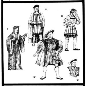 May include: Black and white line drawing illustration of five men wearing different styles of clothing from the early Tudor period. The illustration is labeled "Period Patterns no. 53" and "EARLY TUDOR MEN'S GARMENTS, c. 1495 - 1537 (sizes 36-48)" and "a Mediaeval Miscellanea publication, © 1985".