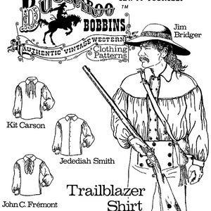 May include: Black and white line drawing illustration of a vintage western shirt pattern. The pattern is called "Trailblazer Shirt" and is from the Buckaroo Bobbins collection. The illustration shows three different styles of the shirt, with the text "Save a Day's Wages Sew It Yourself" at the top.