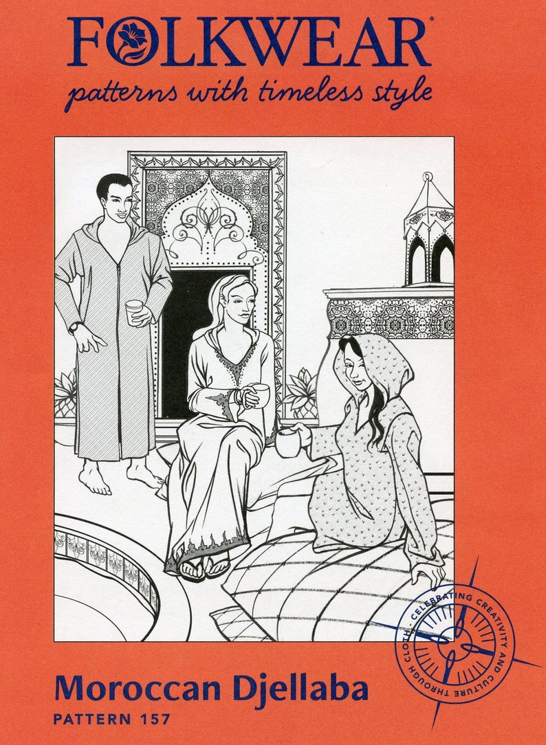 May include: Illustration of a Moroccan Djellaba pattern cover. The cover features three people in traditional clothing, with the text "FOLKWEAR patterns with timeless style" at the top. The words "Moroccan Djellaba" and "PATTERN 157" are at the bottom.