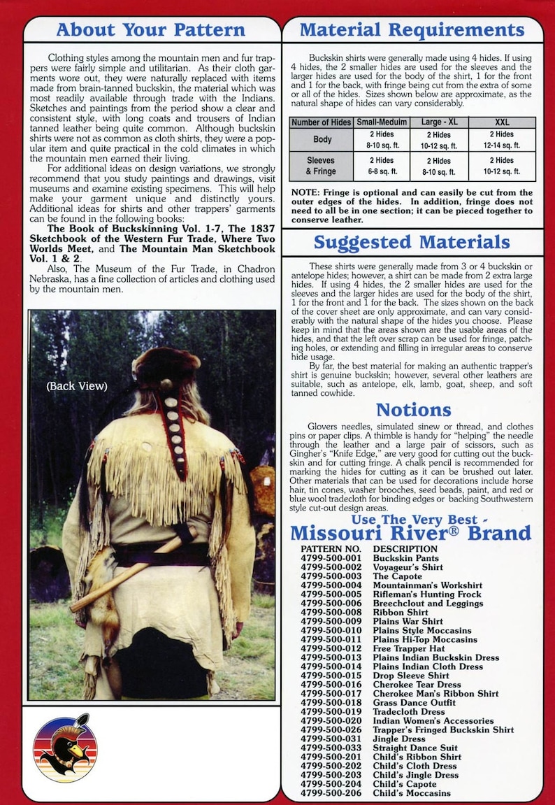May include: A close-up of a vintage illustration depicting a mountain man wearing a buckskin shirt and leggings. The illustration is from a book about buckskinning and fur trading. The text in the image reads "About Your Pattern", "Material Requirements", "Suggested Materials", "Notions", and "Use The Very Best - Missouri River Brand".