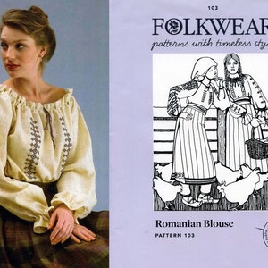 May include: A sewing pattern for a Romanian blouse, Folkwear pattern number 103. The pattern includes instructions for making a traditional style blouse with embroidery details. The image shows a woman wearing a finished blouse and a line drawing of two women wearing the blouse.