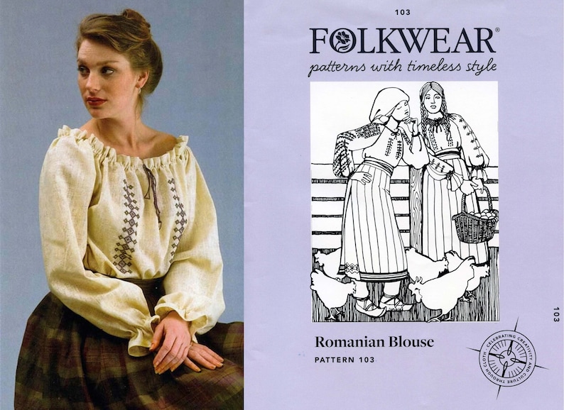 Pode incluir: Um padr&atilde;o de costura para uma blusa romena, Folkwear padr&atilde;o n&uacute;mero 103. O padr&atilde;o inclui instru&ccedil;&otilde;es para fazer uma blusa de estilo tradicional com detalhes de bordado. A imagem mostra uma mulher usando uma blusa acabada e um desenho de linha de duas mulheres usando a blusa.