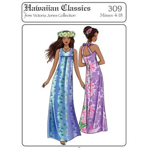 May include: Illustration of two women wearing Hawaiian-style dresses. One dress is blue with white and green floral patterns, the other is purple with pink floral patterns. The text "Hawaiian Classics" and "Misses 4-18" is visible.