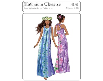 Easy, Elegant Hawaiian Long Dress sizes 4-18 - Victoria Jones Collection Sewing Pattern # 309 Maxi Dress, Resort wear