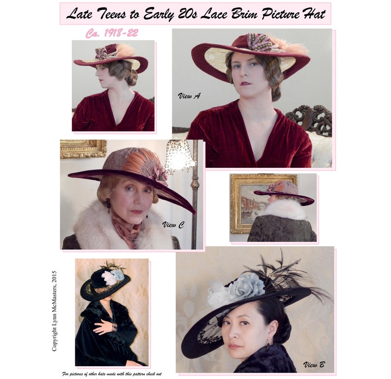 1920s Style Hats for a Vintage Twenties Look     Late Teens - Early 1920s Lace Brim Picture Hat Sewing Pattern # 61 by Lynn McMasters $12.95 AT vintagedancer.com