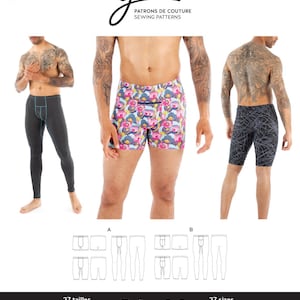 May include: A sewing pattern for men's underwear, called Gérald, with 27 sizes. The pattern includes two styles: long underwear and shorts. The pattern is drafted and printed in Canada. The pattern is from Jalie, a company that makes sewing patterns.