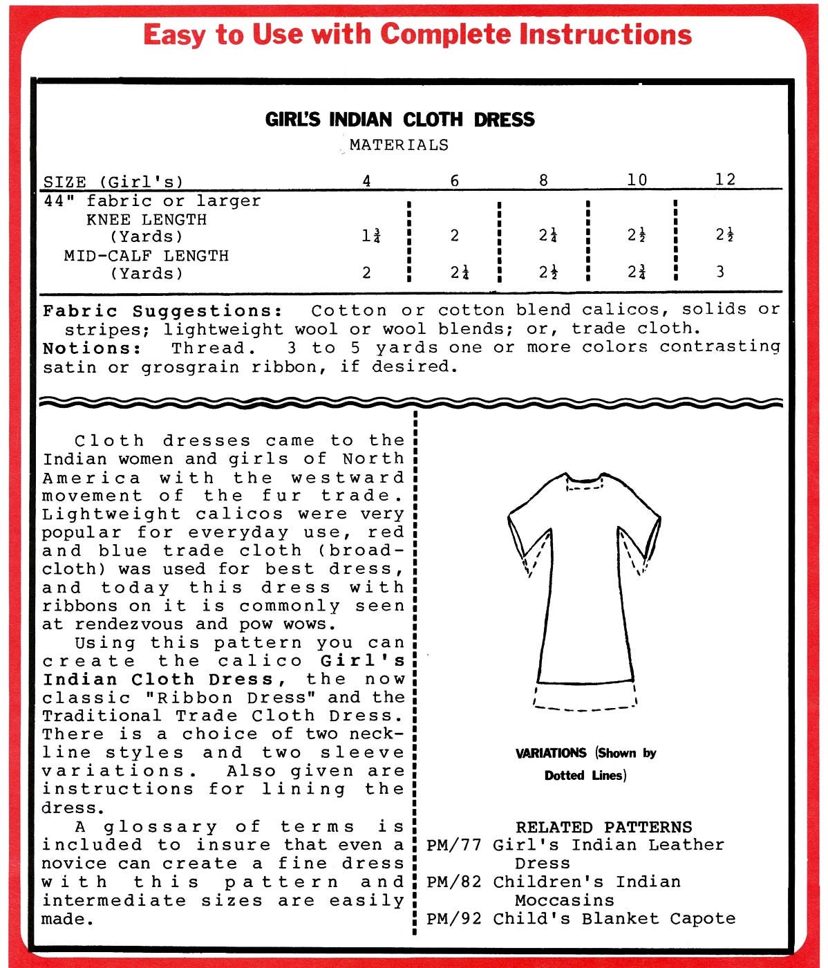 Girl s Cloth Indian Dress sizes 4 12 Native American Tradecloth Ribbon Dress Eagle s View Sewing Pattern 78