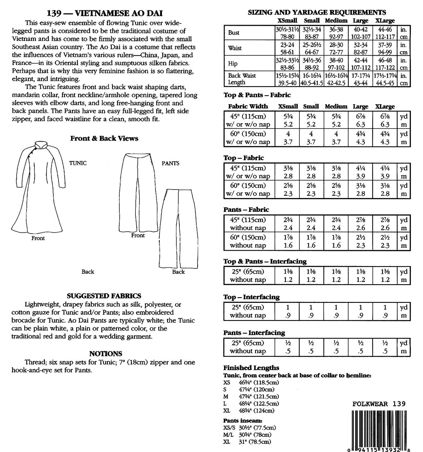 Folkwear Vietnamese Ao Dai Flowing Tunic & Wide-leg Pants Sewing