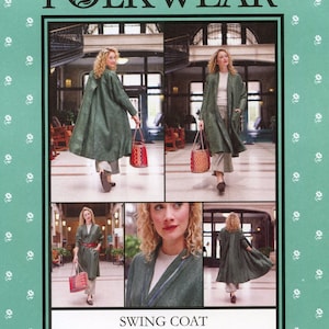 May include: A promotional image for Folkwear featuring a green swing coat. The image shows multiple views of the coat, worn by a person, paired with neutral-toned pants and a red and brown woven bag. The text "SWING COAT" is displayed.