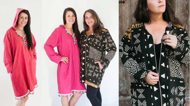 May include: Three hooded robes in the image. Two are solid colors, one is a vibrant pink with colorful tassel trim, and the other is a black and white patterned robe with a leopard print shoulder detail. All have long sleeves and pockets.