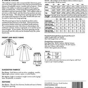 Folkwear 1800s Prairie Dress & Apron Sewing Pattern # 201 sizes XS-3XL - Historic Ankle Length Style image 2