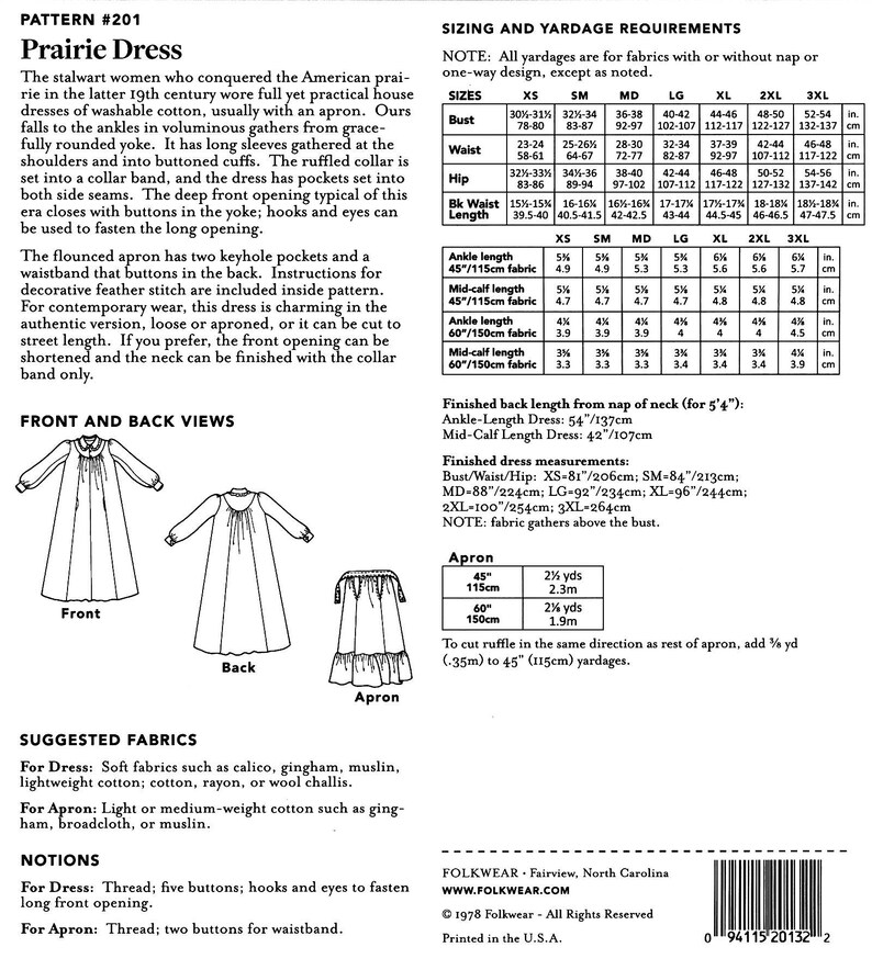 Folkwear 1800s Prairie Dress & Apron Sewing Pattern # 201 sizes XS-3XL - Historic Ankle Length Style image 2