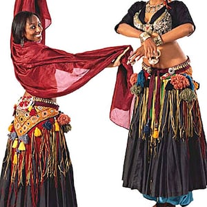 May include: Two women in traditional belly dance attire. They wear black skirts, colorful belts with tassels, and ornate tops. One holds a flowing red scarf. The outfits are adorned with gold and colorful embellishments, creating a vibrant and cultural aesthetic.