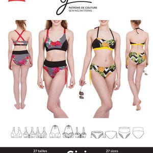 May include: A sewing pattern for a bikini top and bottom with a pineapple print. The pattern is called "Gigi" and is available in 27 sizes for girls and women. The pattern is drafted and printed in Canada.
