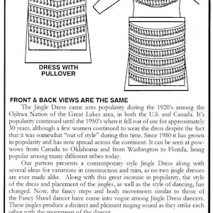 May include: Line drawings of two variations of a jingle dress, a traditional Native American garment. The dress on the left is a pullover style, while the dress on the right has a cape and apron. Both dresses feature a fringe design around the neckline and hem.