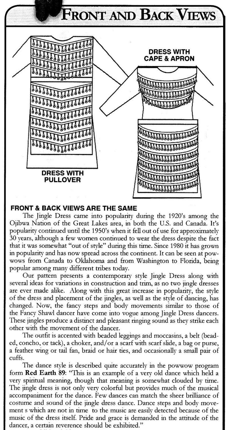 May include: Line drawings of two variations of a jingle dress, a traditional Native American garment. The dress on the left is a pullover style, while the dress on the right has a cape and apron. Both dresses feature a fringe design around the neckline and hem.