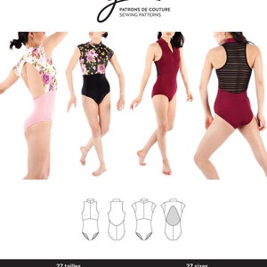 May include: A sewing pattern for a leotard with a high neckline and a back cutout. The pattern is available in 27 sizes for girls and women. The pattern is called "Joëlle" and is from the brand "Jalie".