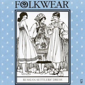 May include: A black and white illustration of three women in traditional Russian dresses, surrounded by rabbits. The image is framed by a light blue background with a floral pattern. The text "FOLKWEAR" is at the top, and "RUSSIAN SETTLERS' DRESS" is at the bottom.
