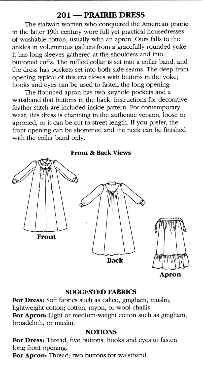 Folkwear Prairie Dress & Apron Sewing Pattern 201 Historic American