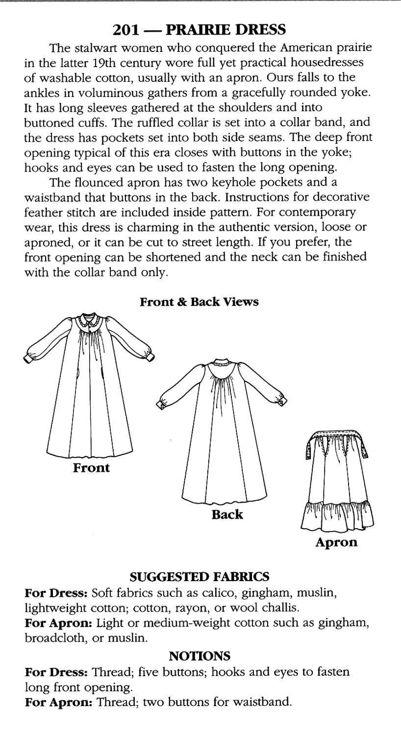 Folkwear Prairie Dress & Apron Sewing Pattern # 201 sizes S-M-L ...