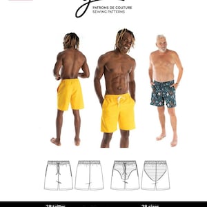 May include: A sewing pattern for men's swim trunks called "Victor" by Jalie. The pattern includes 28 sizes for children and adults. The pattern is drafted and printed in Canada. The image shows three men wearing the swim trunks in different colors and patterns.
