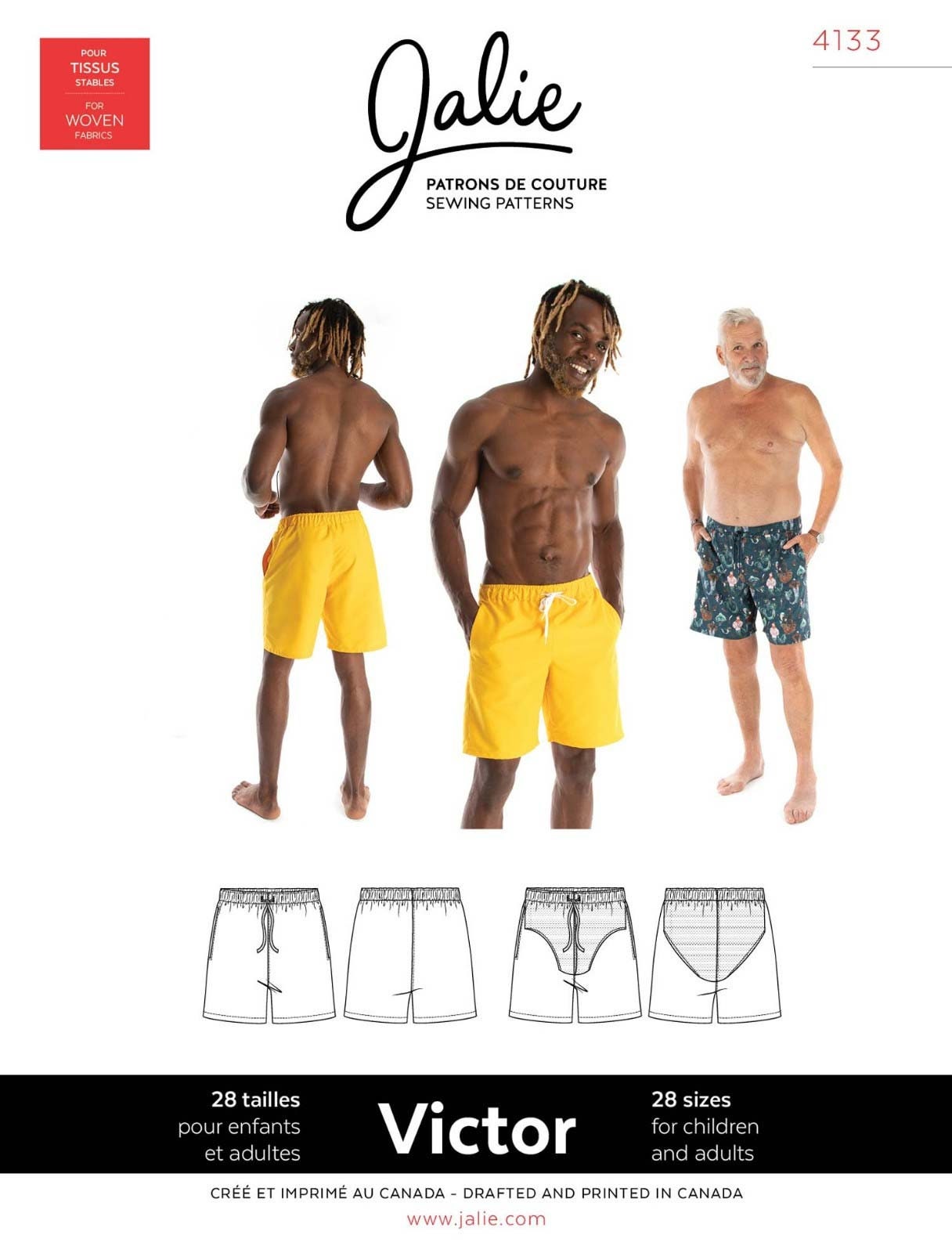 Jalie 4133 Victor Swim Shorts Sewing Pattern in 28 sizes Men, Teen