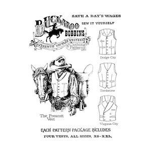 May include: Black and white illustration of a vintage western clothing pattern package. The image includes a cowboy, a horse, and vest designs labeled "Dodge City", "Tombstone", and "Virginia City". Text reads "Buckaroo Bobbins" and "Sew it Yourself".