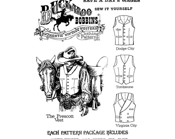 Featured listing image: Men's Cowboy Western Vest in 4 Styles - Chest Sizes 34-58" - Buckaroo Bobbins Sewing Pattern