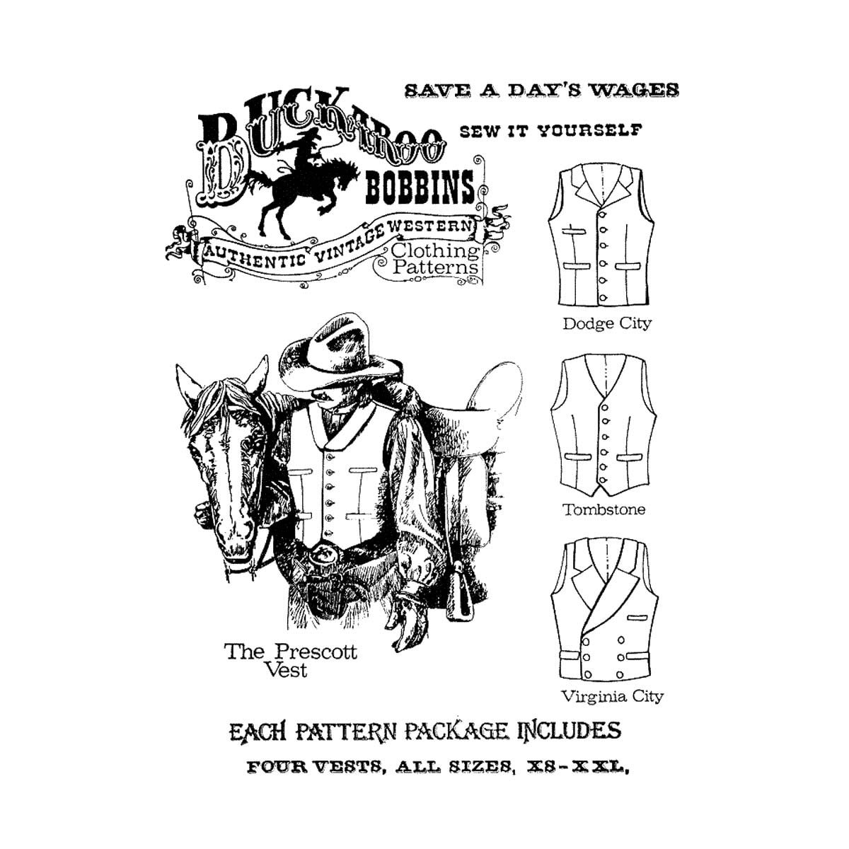 Men's Cowboy Western Vest in 4 Styles - Chest Sizes 34-58 - Buckaroo  Bobbins Sewing Pattern