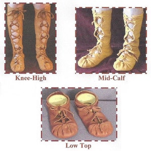 May include: Three pairs of leather boots in different heights: knee-high, mid-calf, and low top. The boots are all brown and have laces.